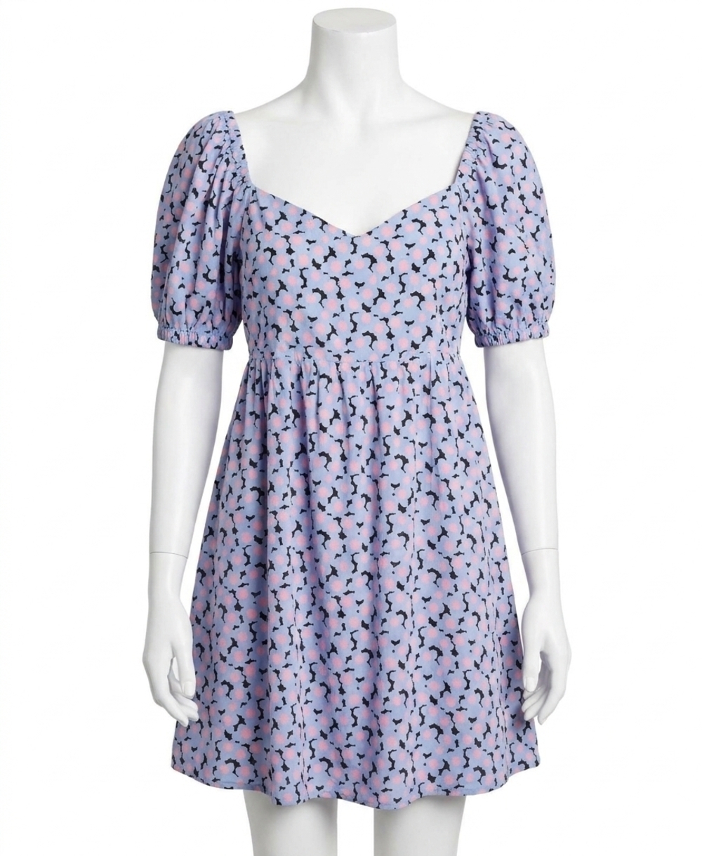NEW KORI daisy soft printed puff sleeve babydoll back tied dress in blue mix